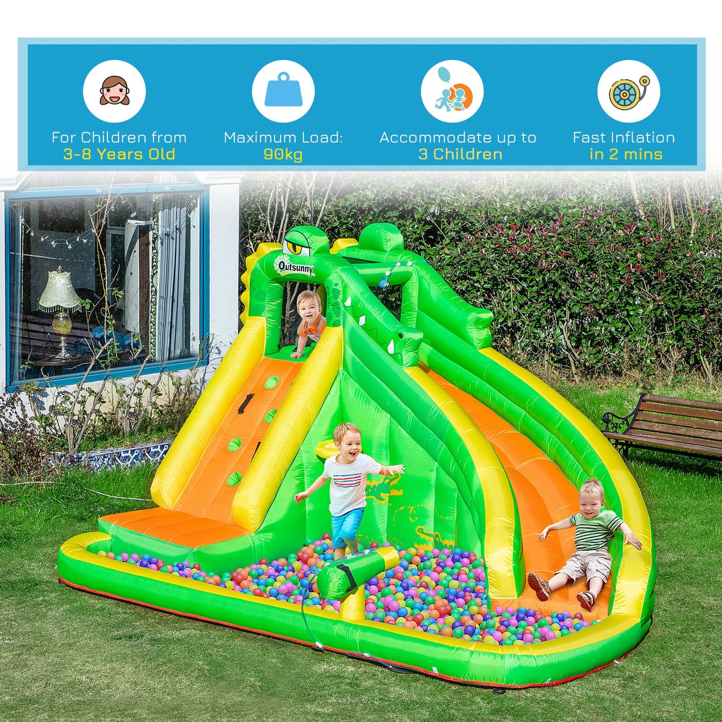 Outsunny Kids Bouncy Castle, 5 in 1 Large Crocodile Style Inflatable House Slide Basket Water Pool Gun Climbing Wall with Blower Carrybag for Kids Age 3-8, 3.85 x 2.85 x 2.25m