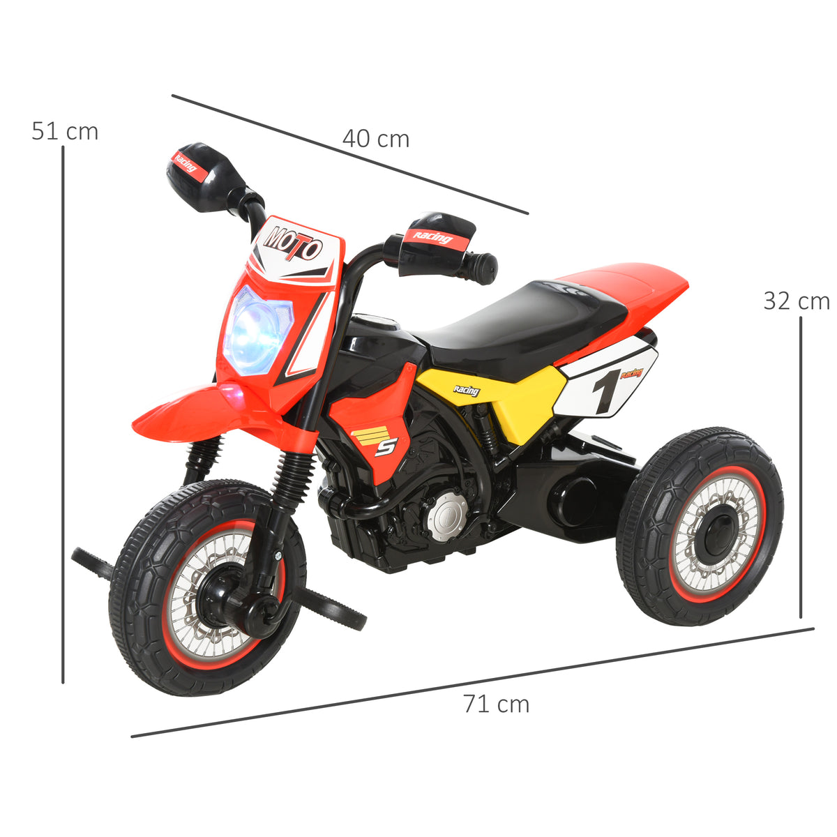 Red toddler ride-on tricycle with motorcycle styling, shown with dimensions of 71 by 40 by 51 cm