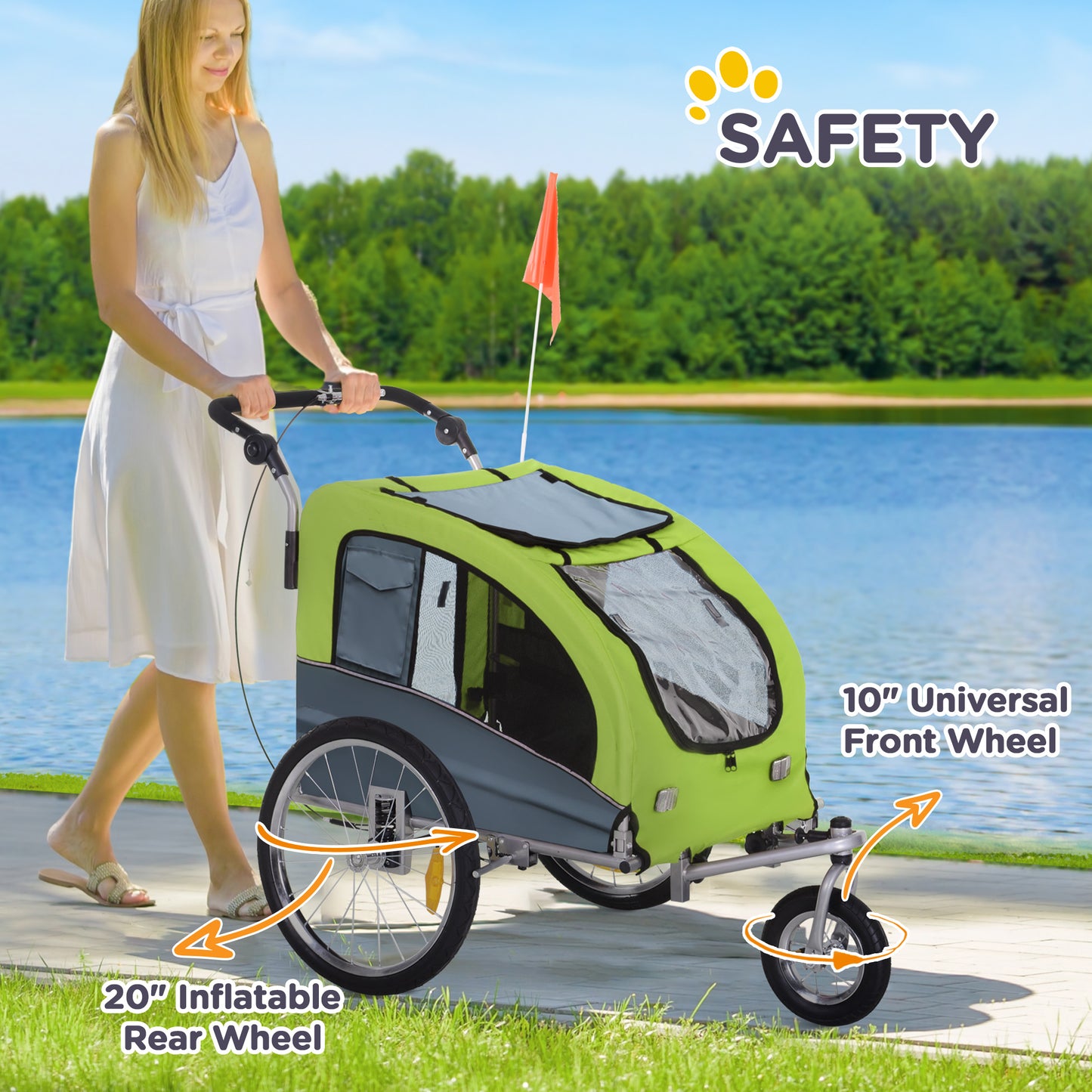 PawHut Dog Bike Trailer Pet Stroller Cart Carrier for Bicycle 360° Rotatable with Reflectors 3 Wheels Hitch Coupler Push/ Pull/ Brake Water Resistant Green