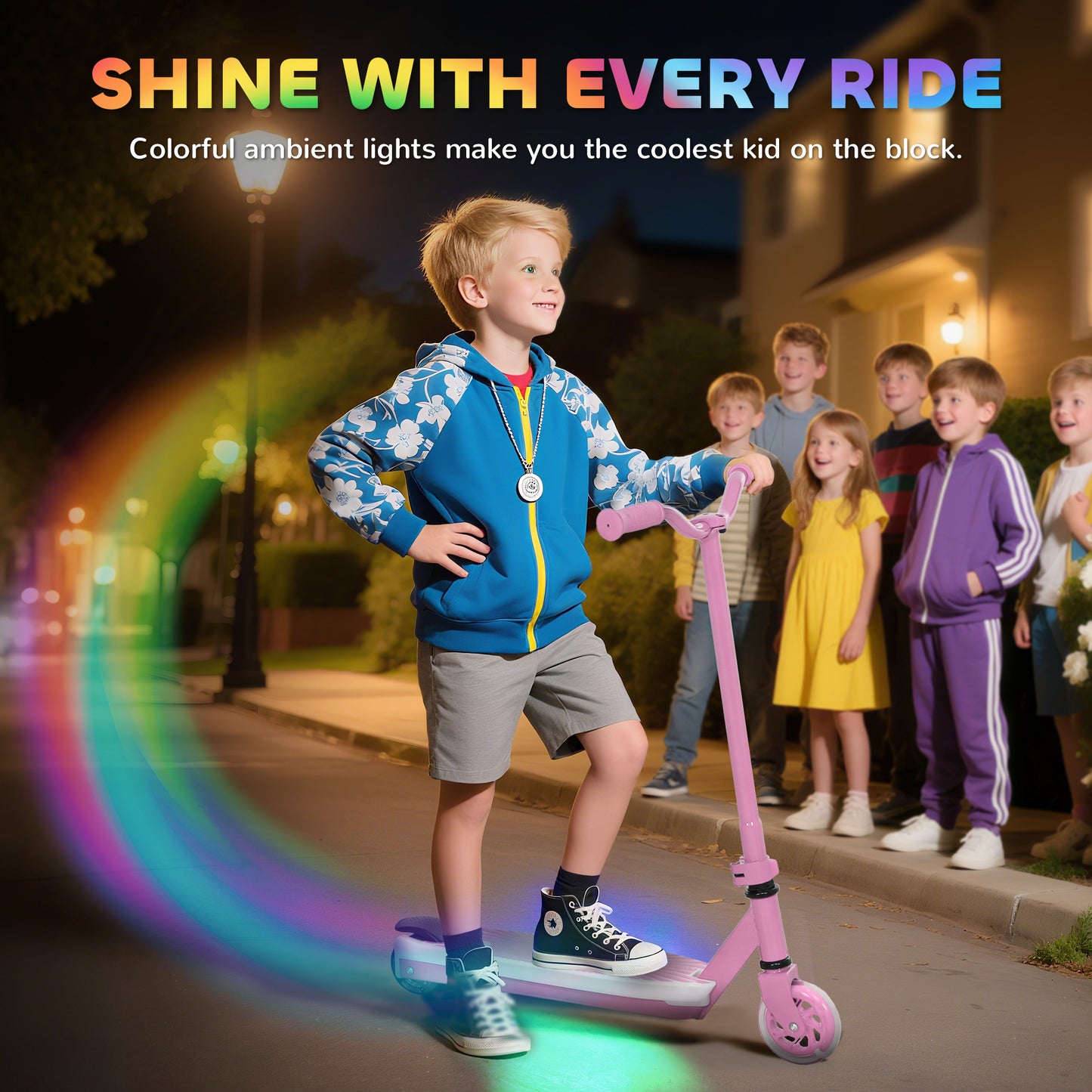 AIYAPLAY Electric Scooter for Kids Aged 4-7 Years, with Flashing LED Lights, Rear Auxiliary Wheels, Pink