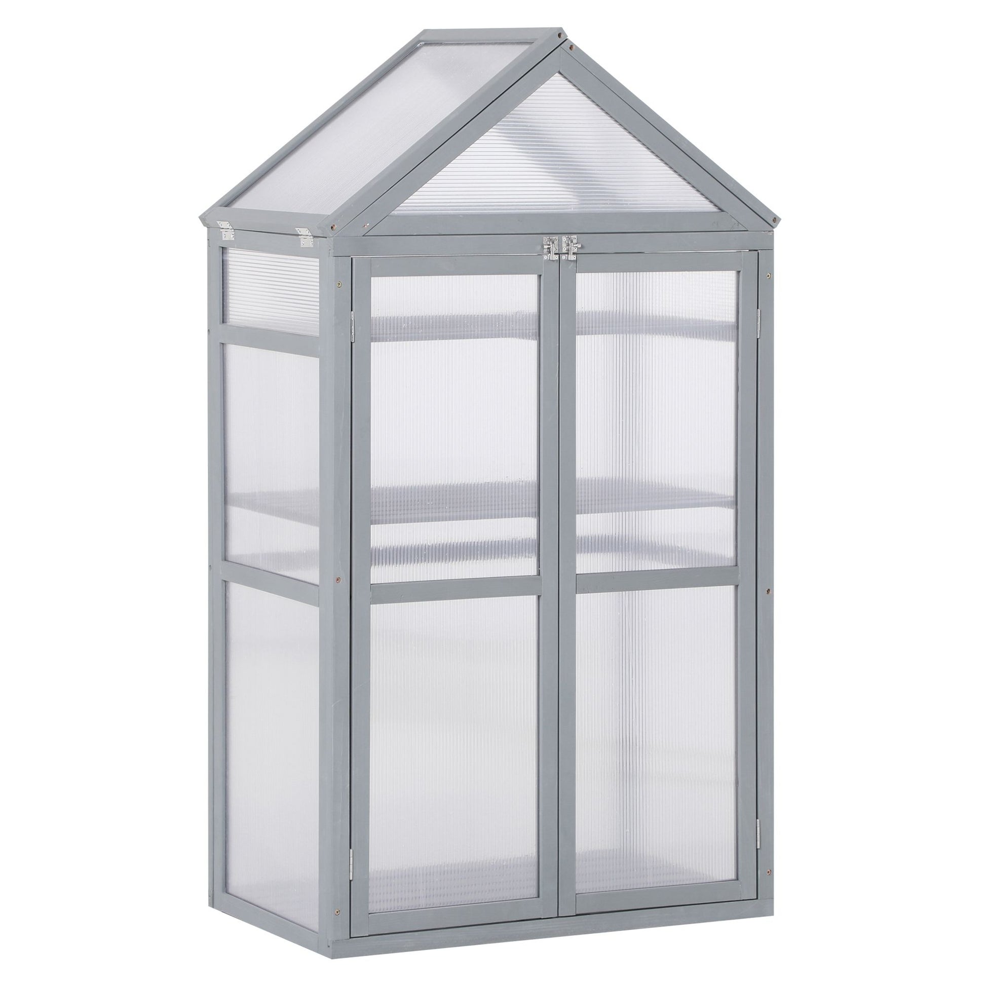 Photo of Outsunny Garden Cold Frame Polycarbonate Greenhouse with Adjustable Shelves, Double Doors, Openable Top Covers, Grow House for Flower Vegetable Plants, 80 x 47 x 138cm, Grey in Grey colour on a white background