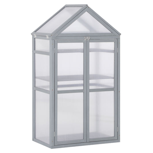 Photo of Outsunny Garden Cold Frame Polycarbonate Greenhouse with Adjustable Shelves, Double Doors, Openable Top Covers, Grow House for Flower Vegetable Plants, 80 x 47 x 138cm, Grey in Grey colour on a white background