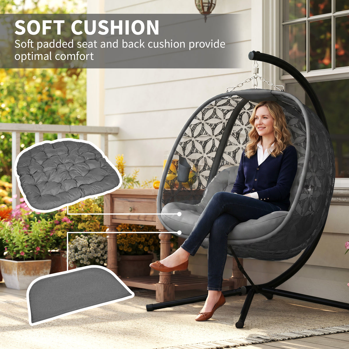 Outsunny double hanging chair with padded seat and back cushions