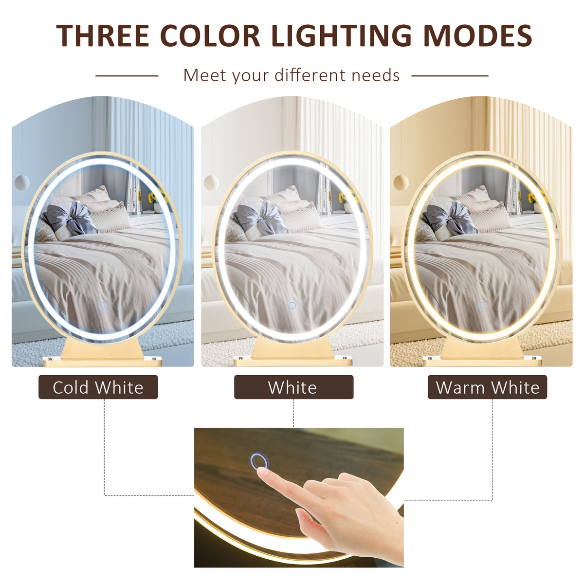 Oval vanity mirror shown with cold white, white, and warm white LED lighting modes