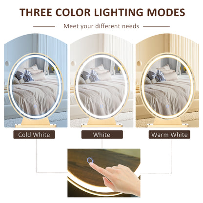 Oval vanity mirror shown with cold white, white, and warm white LED lighting modes