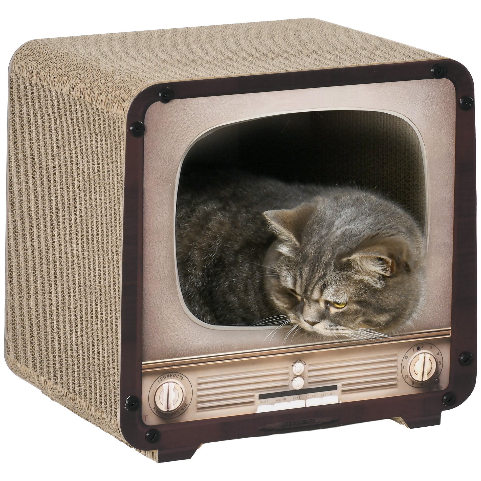 Photo of PawHut 2 in 1 TV Shape Cat Scratching Board House with Catnip, for Indoor Cats, Brown in Brown colour on a white background