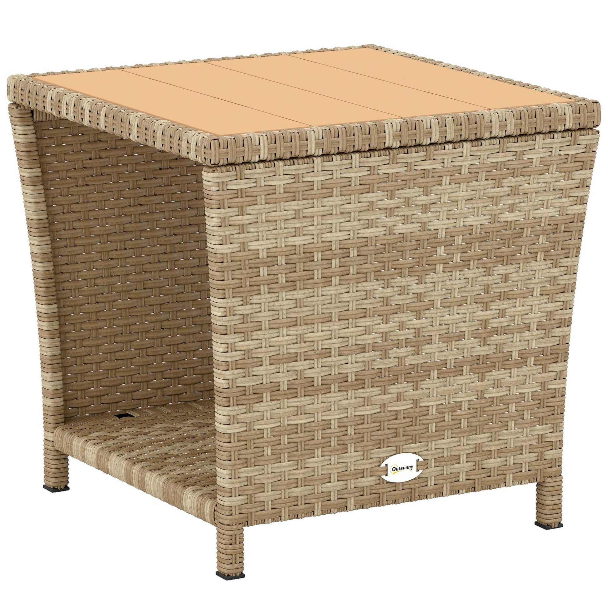 Photo of Outsunny Side Table 2-Tier Outdoor Coffee Table with Storage Shelf PS Wood Slat Top/Khaki in Top/Khaki colour on a white background