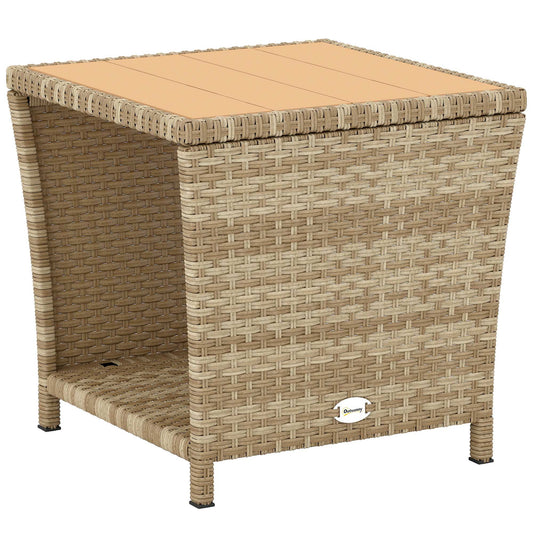 Photo of Outsunny Side Table 2-Tier Outdoor Coffee Table with Storage Shelf PS Wood Slat Top/Khaki in Top/Khaki colour on a white background