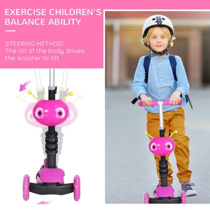 Pink toddler scooter with front character panel, shown in use by a child