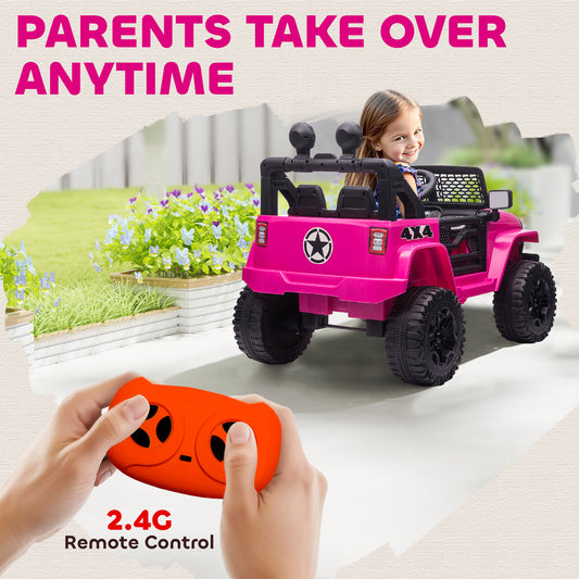 Pink HOMCOM kids' ride-on car with a child driving and a parent holding its remote control