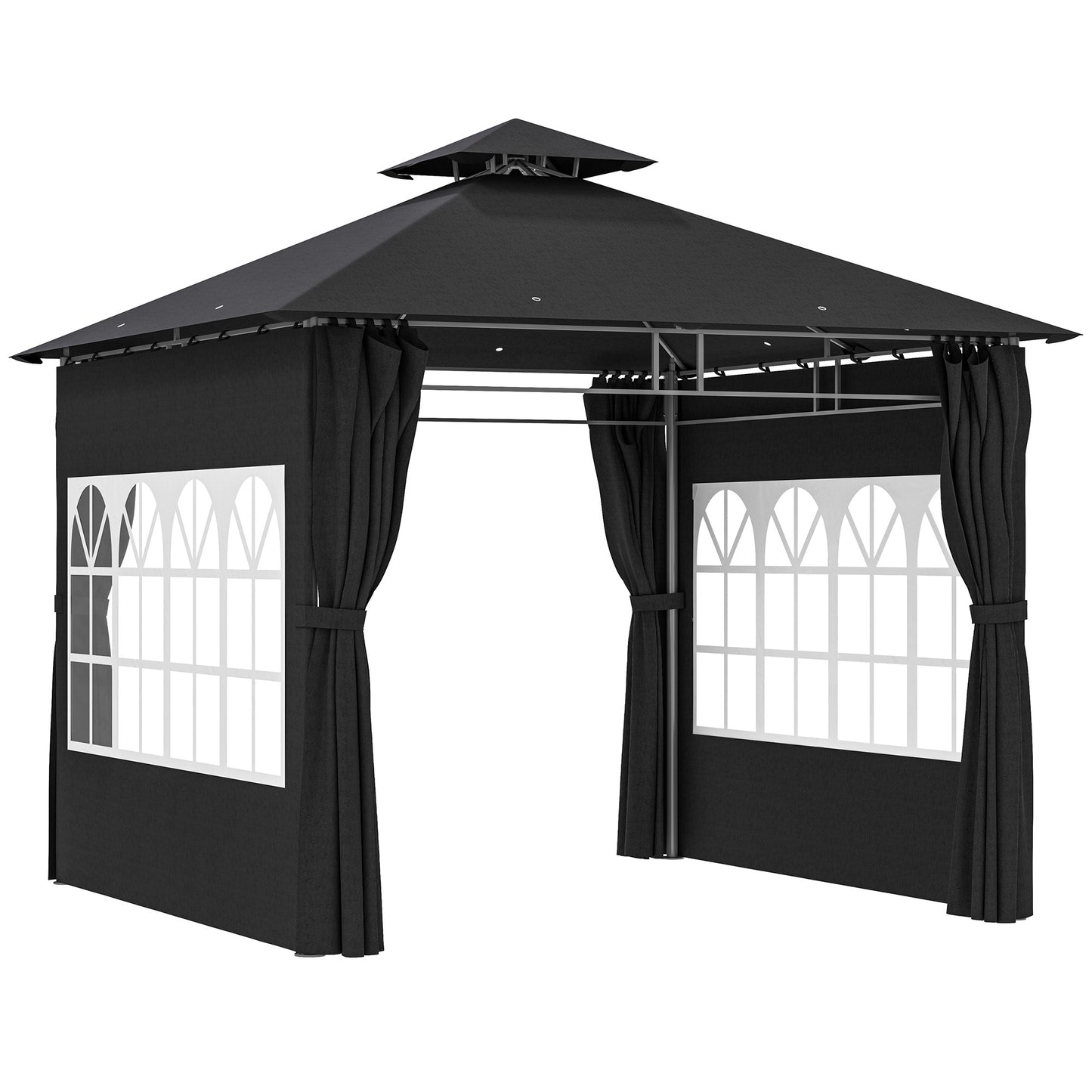 Photo of Outsunny 3 x 3 m Garden Gazebo, Double Roof Metal Gazebo with Removable Sidewalls and Church Windows, Outdoor Canopy Shelter, Black in Black colour on a white background