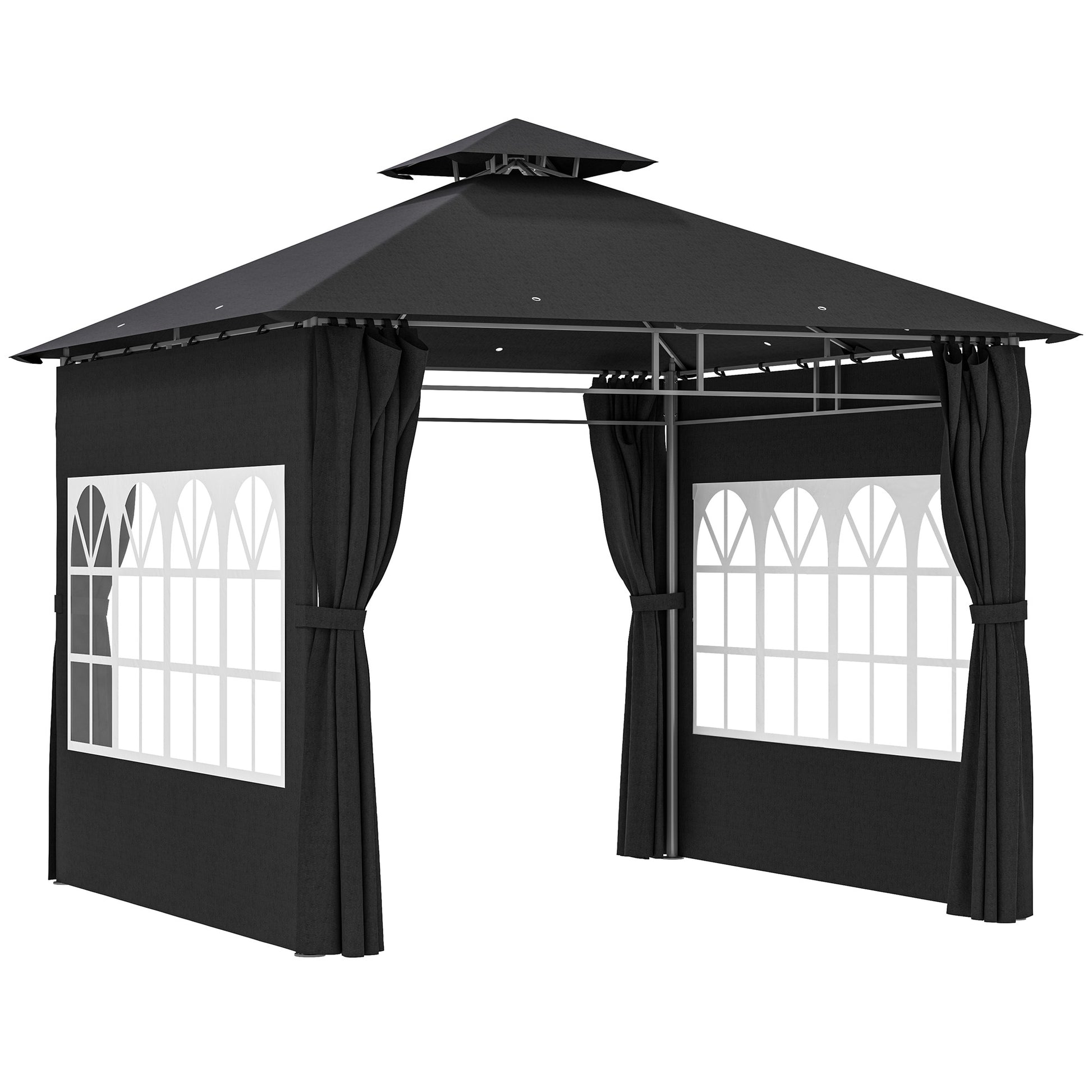 Photo of Outsunny 3 x 3 m Garden Gazebo, Double Roof Metal Gazebo with Removable Sidewalls and Church Windows, Outdoor Canopy Shelter, Black in Black colour on a white background