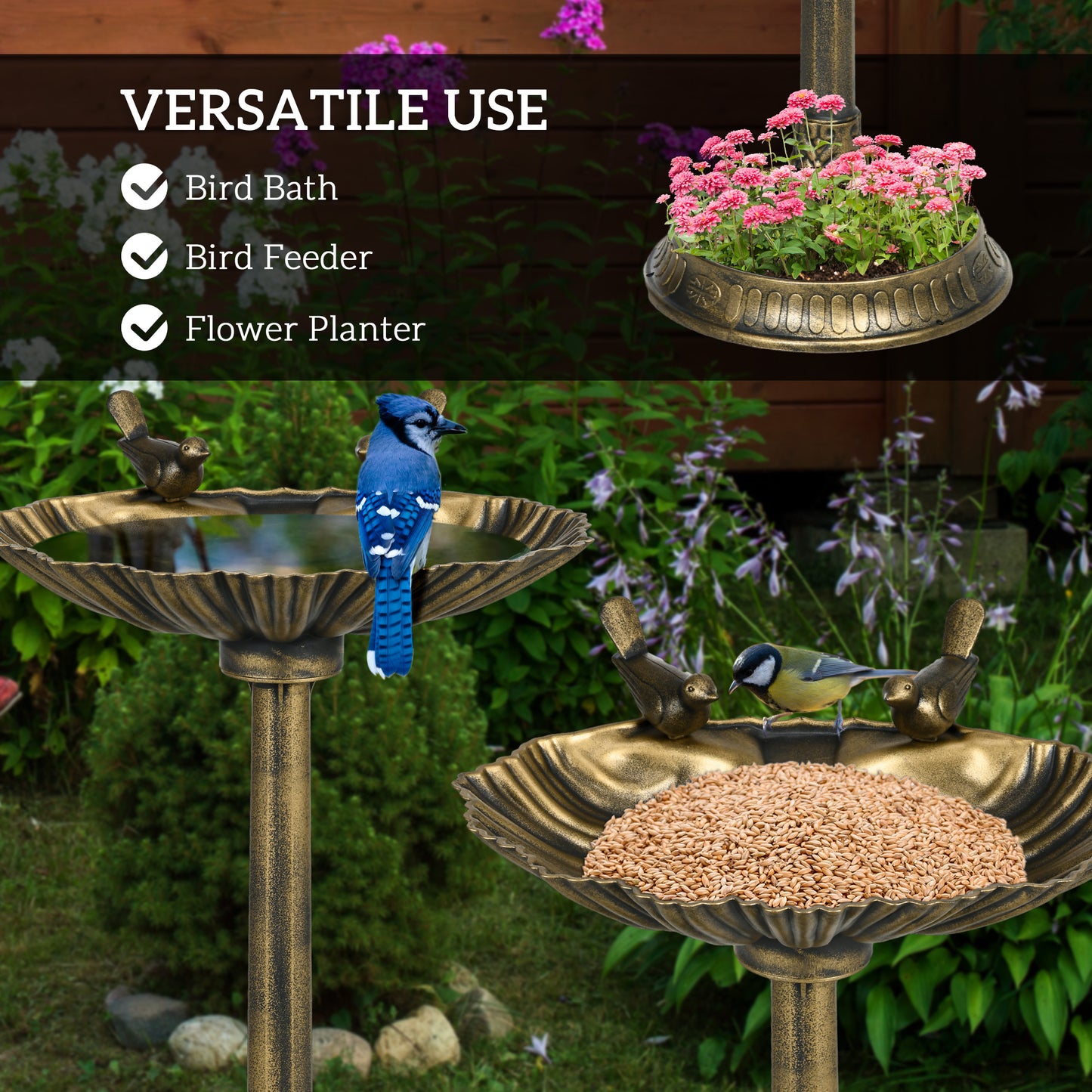 Outsunny 81cm Tall Bird Bath with 2 Decorative Birds, Vintage Style Birdbath with Flower Planter Base, Bird Bath Bowl for Garden, Bronze Tone