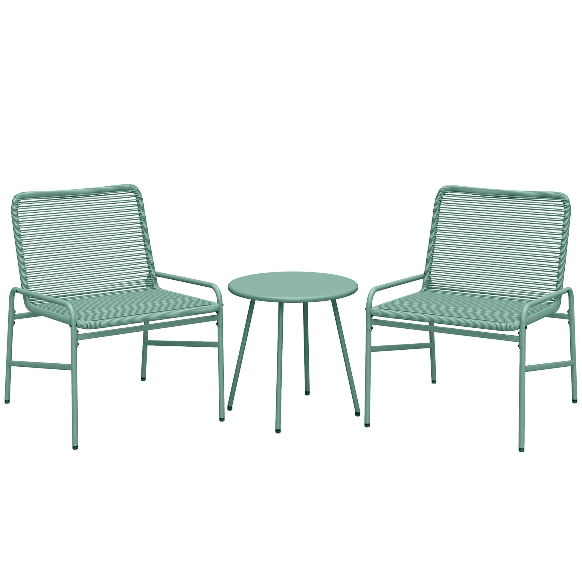 Photo of Outsunny 3 Piece Rattan Bistro Set, Outdoor Garden Furniture Set with 2 Chairs, Round Coffee Table for Patio, Balcony, Green in Green colour on a white background