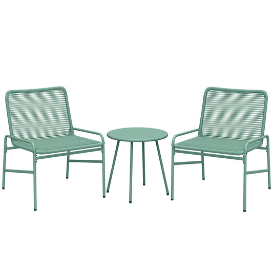 Photo of Outsunny 3 Piece Rattan Bistro Set, Outdoor Garden Furniture Set with 2 Chairs, Round Coffee Table for Patio, Balcony, Green in Green colour on a white background