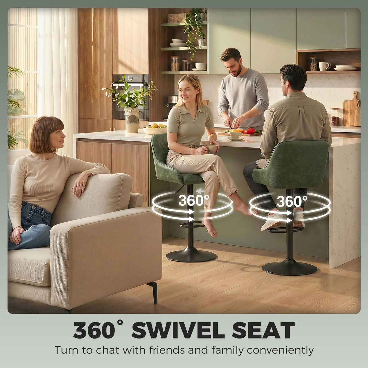 HOMCOM Bar Stools Adjustable Swivel Kitchen Chairs with Backrest Set of 2 for Kitchen Island Dark Green