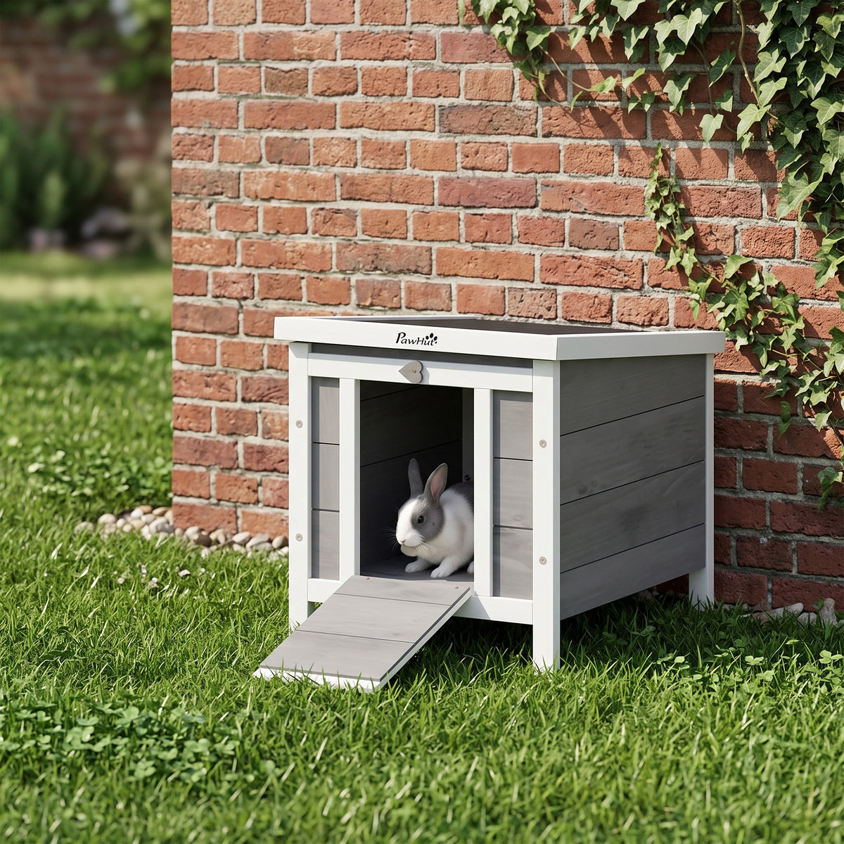 PawHut grey wooden rabbit hutch with white frame and ramp, shown with a rabbit inside