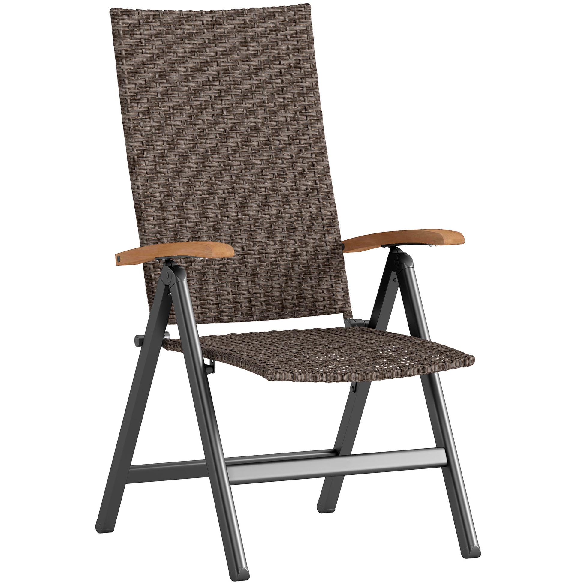 Photo of Outsunny Folding Rattan Garden Dining Chair with 5-level Reclining High Back, Wood Armrests for Outdoor, Patio - Brown in Brown colour on a white background