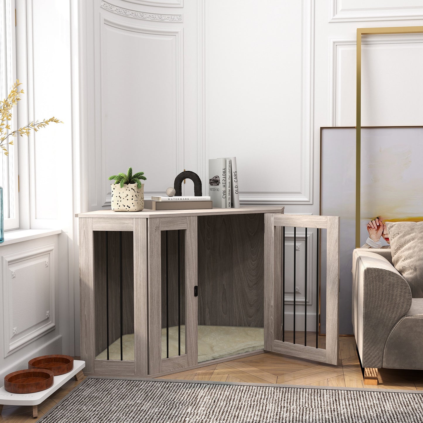 PawHut Dog Crate Furniture Side Table, with Cushion, 122 x 61 x 71cm - Walnut Brown