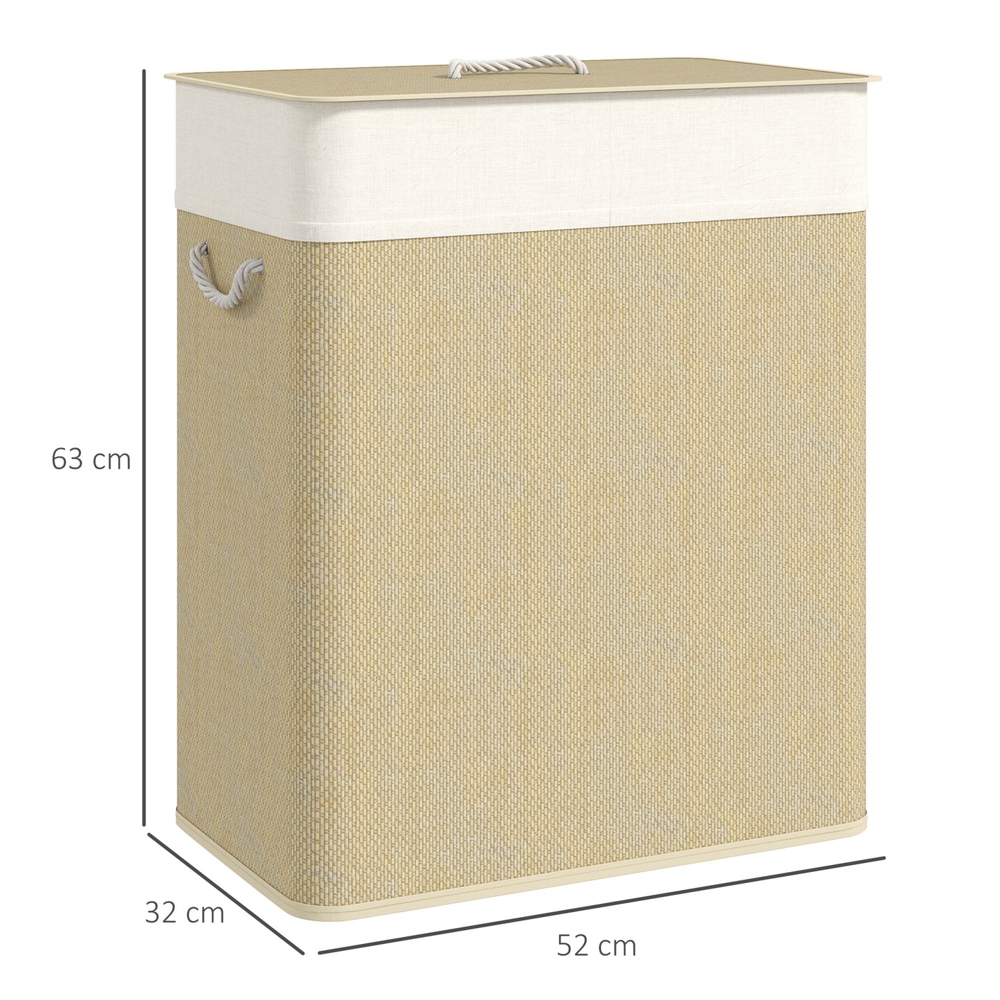 HOMCOM 2 Section Laundry Basket with Lid, 100L Bamboo Laundry Hamper with Handles, Removable and Washable Liner, Cream White