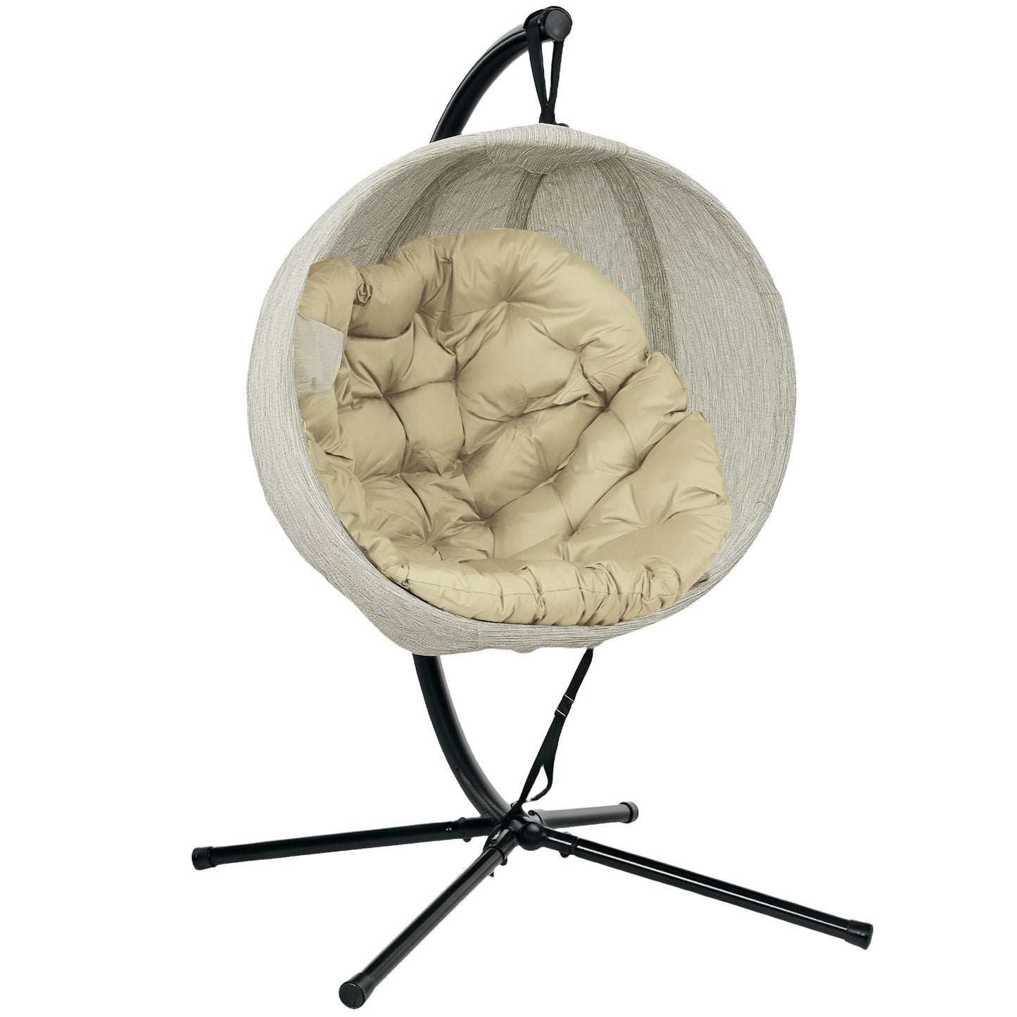 Photo of Outsunny Hanging Egg Chair Outdoor Indoor Garden Swing Chair with Folding Basket, Thickened Cushion, Cup Holder for Patio, Balcony, Khaki in Khaki colour on a white background