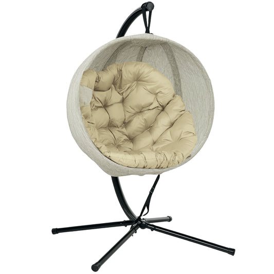 Photo of Outsunny Hanging Egg Chair Outdoor Indoor Garden Swing Chair with Folding Basket, Thickened Cushion, Cup Holder for Patio, Balcony, Khaki in Khaki colour on a white background