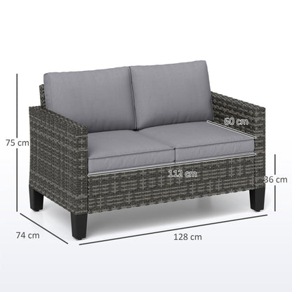 Outsunny two-seat wicker sofa with gray cushions and dimensions shown