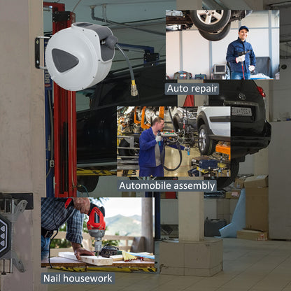 DURHAND retractable air hose reel mounted in an auto repair workshop