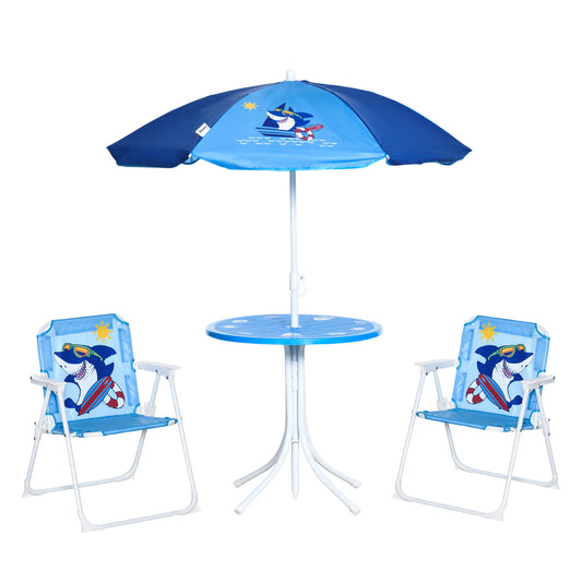 Photo of Outsunny Kids Outdoor Bistro Table and Chair Set, Folding Garden Furniture w/ Shark Design, Removable, Adjustable Sun Umbrella, Ages 3-6 Years - Blue in Blue colour on a white background