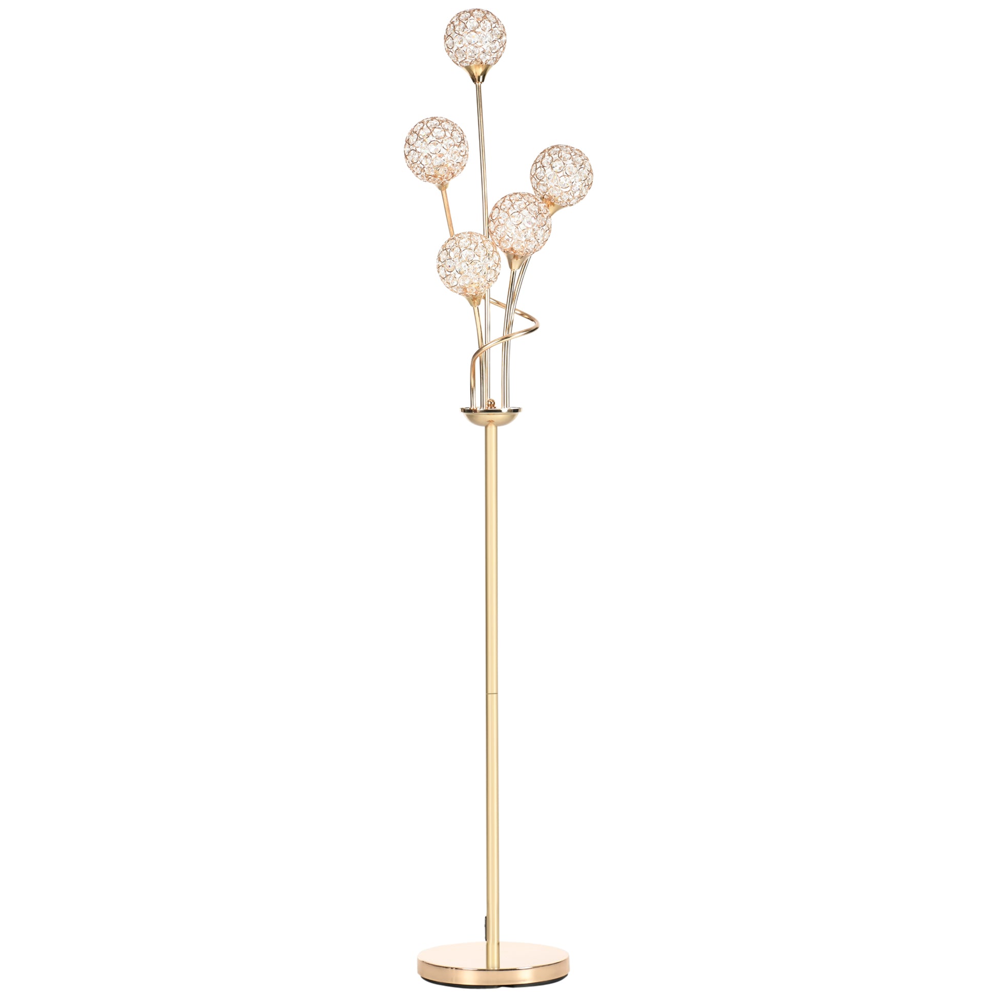 Photo of HOMCOM Crystal Floor Lamps for Living Room Bedroom with 5 Light, Modern Upright Standing Lamp, 34x25x156cm, Gold Tone in Tone colour on a white background