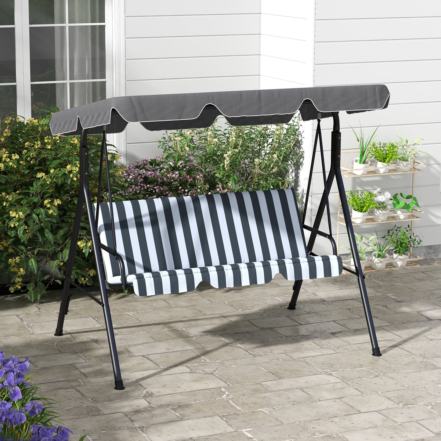 Outsunny 3 Seater Garden Swing Chair, Outdoor Swing Chair with Adjustable Canopy, Mental Frame & Cushions, Grey