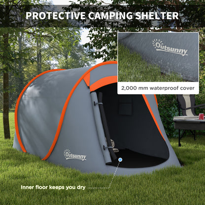 Outsunny pop-up camping tent with orange trim, waterproof cover and raised inner floor.