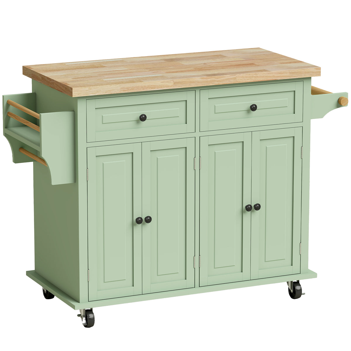 Photo of HOMCOM Rolling Kitchen Island Storage Trolley with Rubber Wood Top & Drawers for Dining Room, Light Green in Green colour on a white background