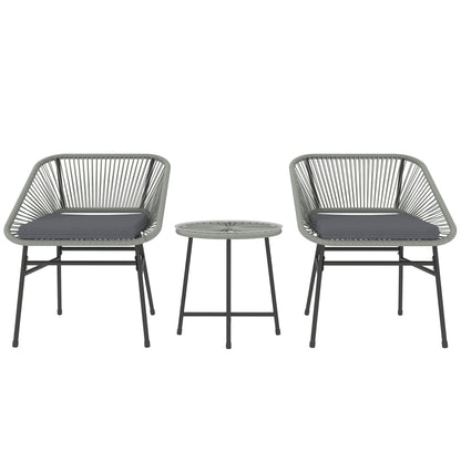Three-piece light gray wicker bistro set with two cushioned chairs and a round glass-top table