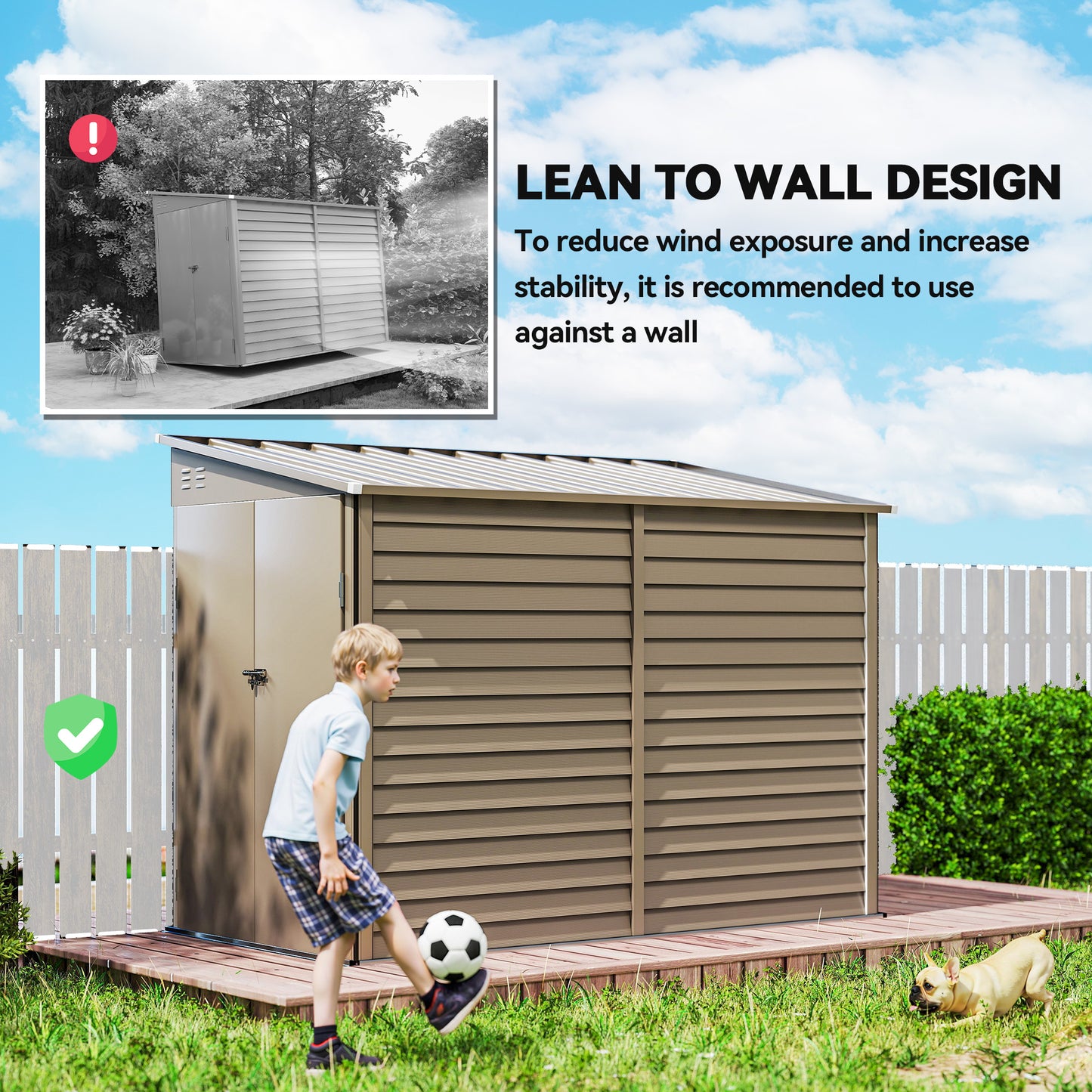 Outsunny 5 x 9ft Galvanised Metal Garden Shed with Foundation Kit, Outdoor Lean-to Shed, Tool Storage House for Garden, Brown