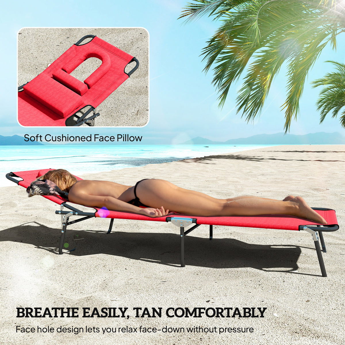 Outsunny Folding Sun Lounger with Face Hole, 4-Position Adjustable Backrest Garden Recliner Chair Sunbed, Outdoor Lounge Chair with 600 D Oxford Cloth Seat, Pillow for Beach, Red