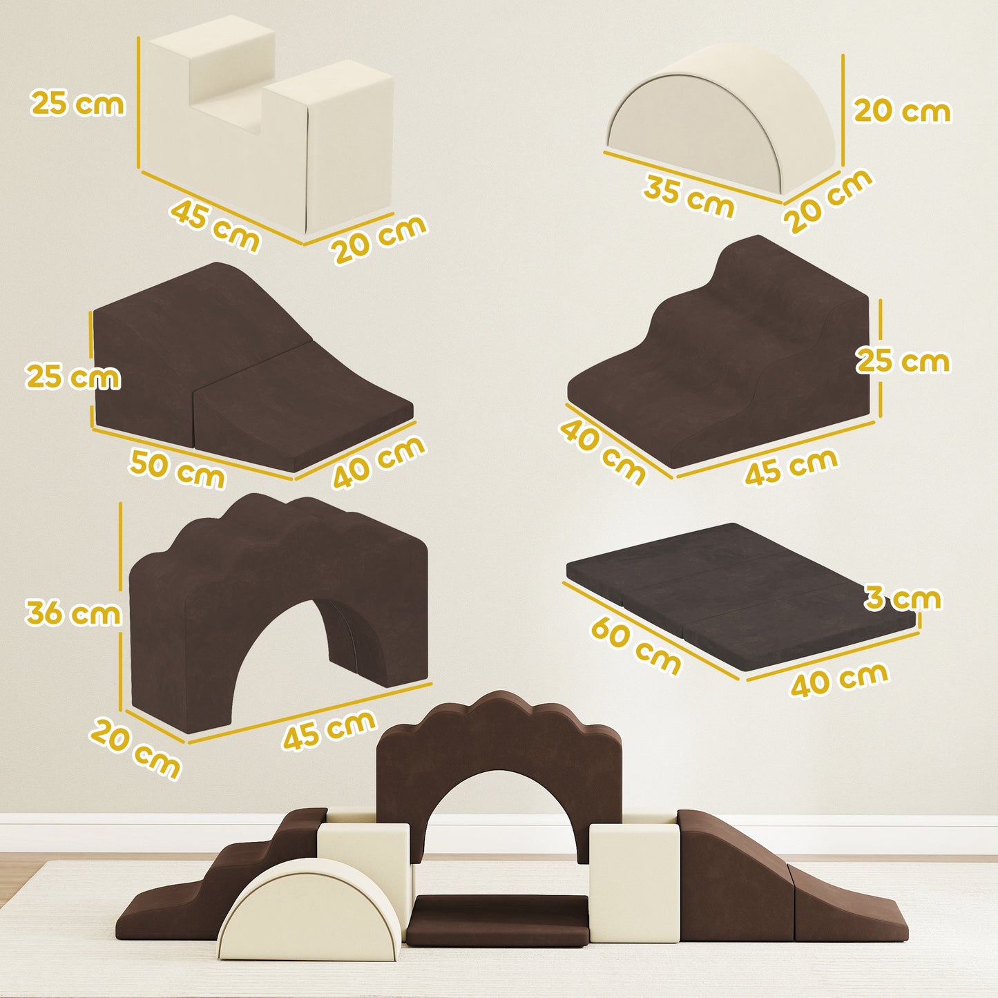 AIYAPLAY 7 Piece Kids Soft Play Set with Detachable Cover, Baby Indoor Climb and Crawl Foam Toy for Toddlers, Preschoolers, Brown
