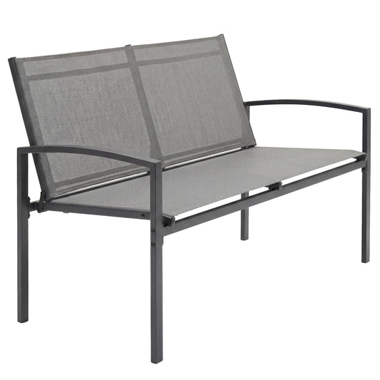 Photo of Outsunny Metal Garden Bench, 2 Seater Outdoor Furniture Seating with Breathable Texteline Fabric, Park Patio Seat, Grey in Grey colour on a white background