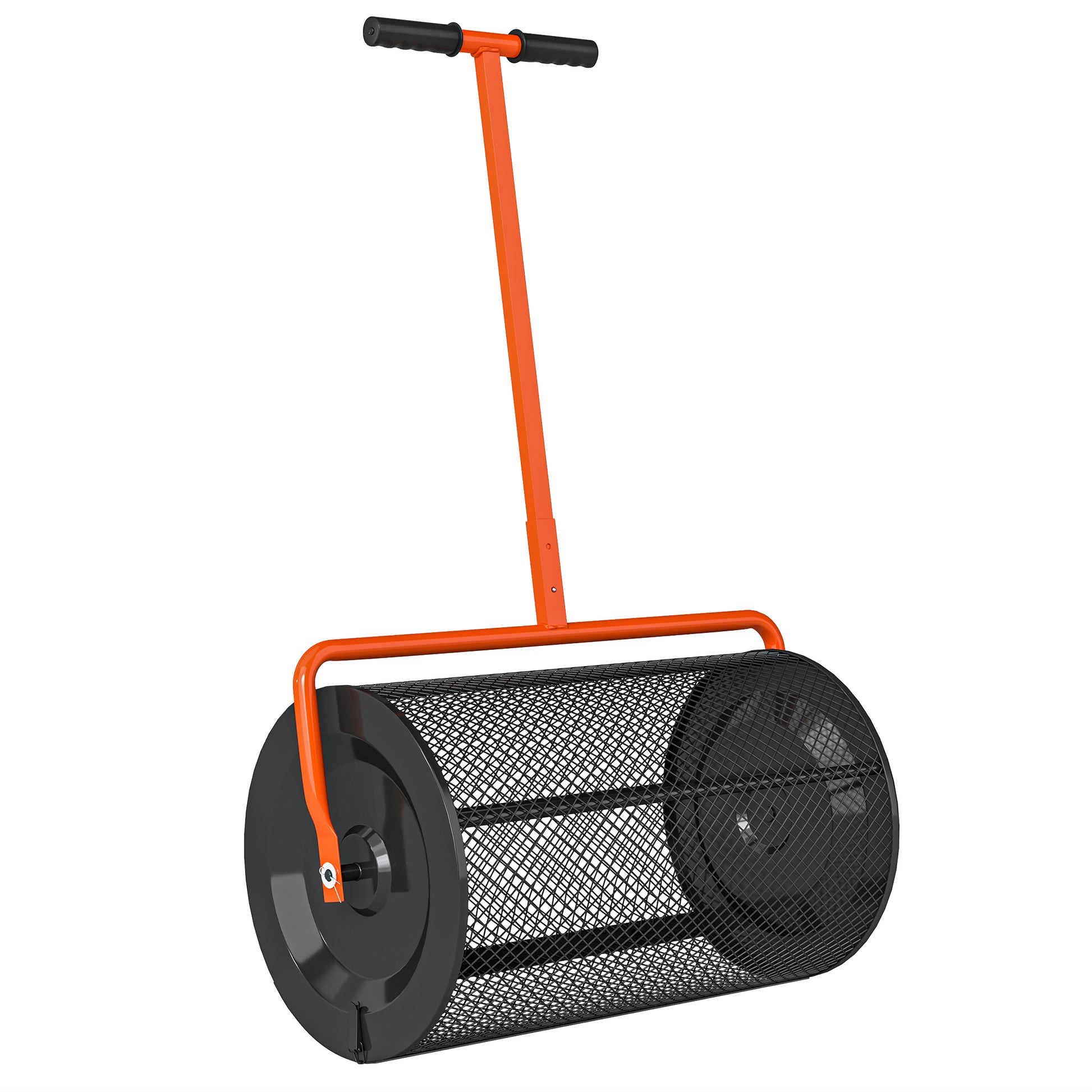 Photo of Outsunny Compost Spreader, 24" Peat Moss Spreader with Height Adjustable T Shaped Handle and Metal Mesh Basket, Garden Spreader for Seeding, Spreading Manure, Orange in Orange colour on a white background