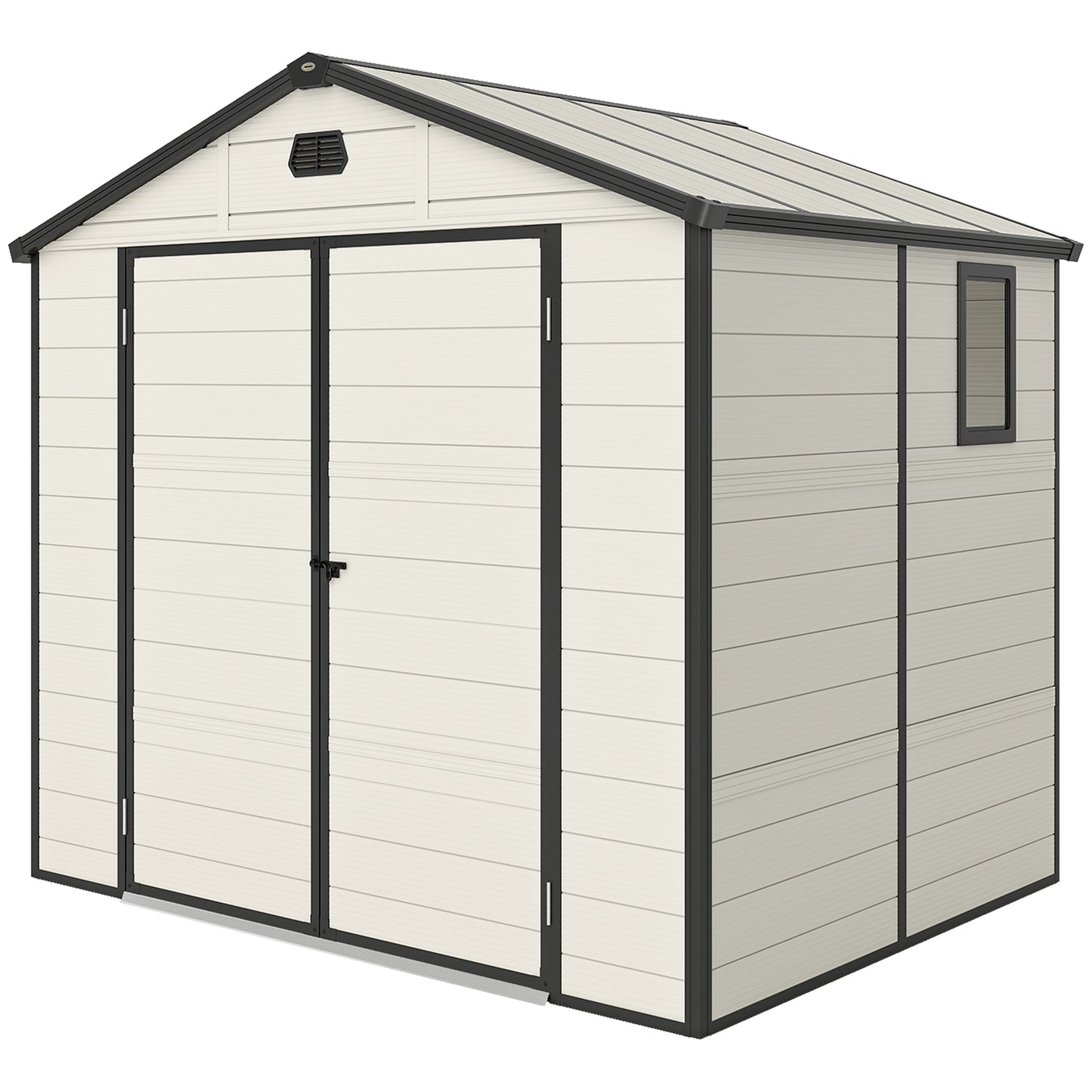 Photo of Outsunny 7.9ft x 6.2ft Recycled Garden Shed with Aluminium Frame and Plastic,  Wall Shed with Foundation, Waterproof and Rustproof - Cream White in White colour on a white background
