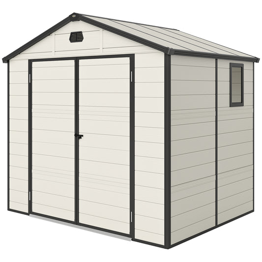 Photo of Outsunny 7.9ft x 6.2ft Recycled Garden Shed with Aluminium Frame and Plastic,  Wall Shed with Foundation, Waterproof and Rustproof - Cream White in White colour on a white background