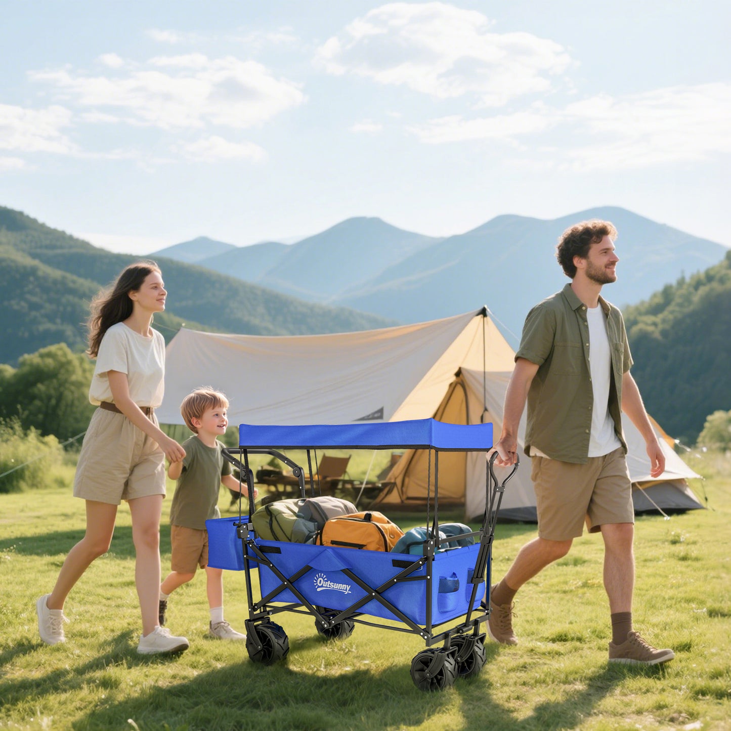 Outsunny 180L Festival Trolley on Wheels, Push & Pull Beach Cart with Removable Canopy, Wide All-Terrain Wheels, Folding Camping Trolley Cart, Adjustable Handle for Garden Fishing Shopping, Blue