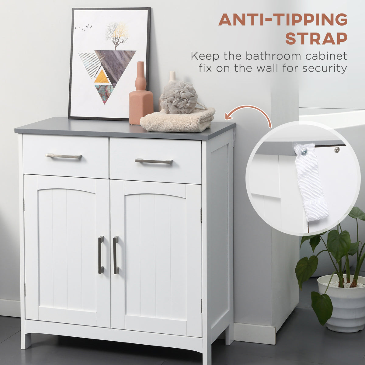 White bathroom cabinet with an anti-tip wall strap