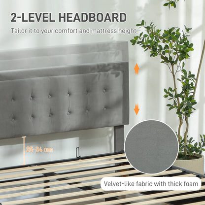 Gray bed frame with adjustable button-tufted headboard and fabric upholstery
