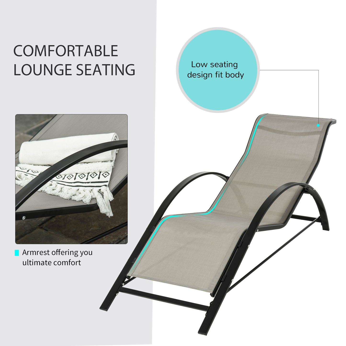 Outsunny 3 Pieces Sun Lounger Chair Set, Metal Frame Garden Outdoor Sunbathing Chair with Side Table and Armrest, Grey