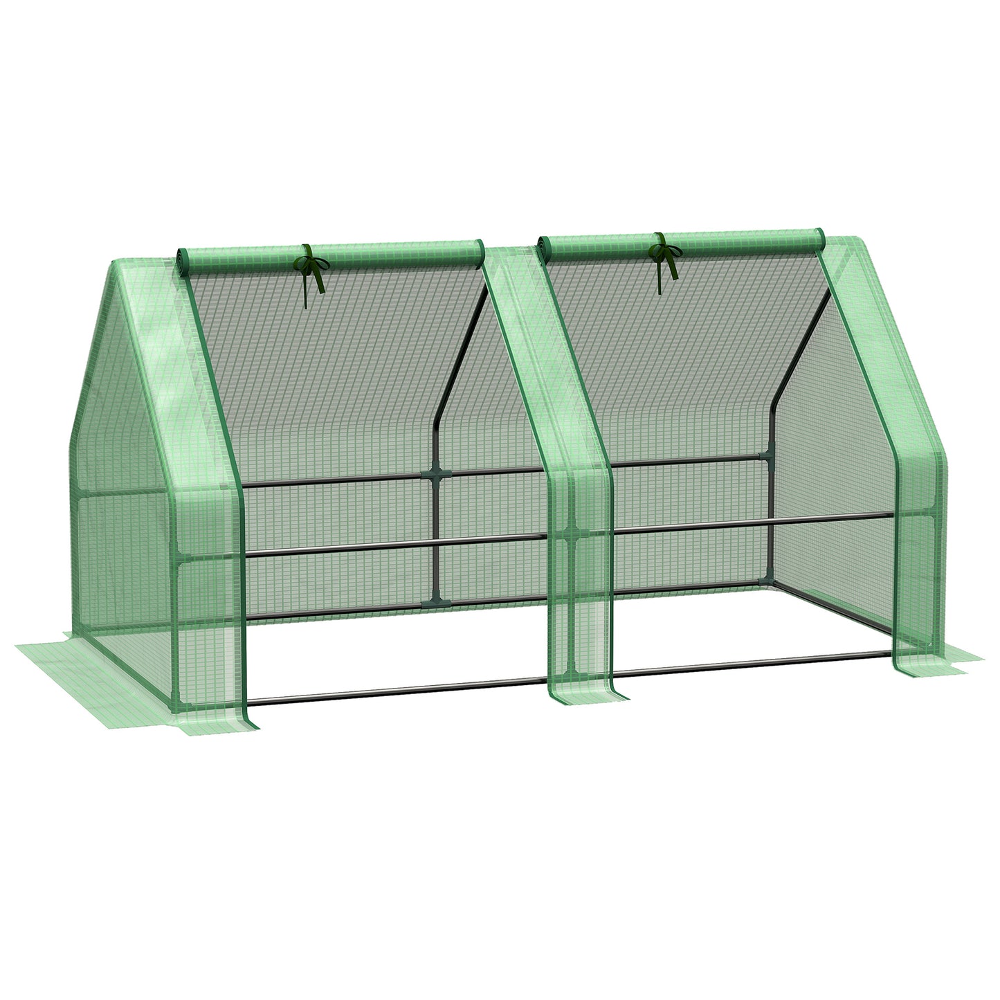 Photo of Outsunny Mini Small Greenhouse with Steel Frame & PE Cover & Zippered Window Poly tunnel Steeple for Plants Vegetables, 180 x 90 x 90 cm, Green in Green colour on a white background