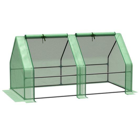 Photo of Outsunny Mini Small Greenhouse with Steel Frame & PE Cover & Zippered Window Poly tunnel Steeple for Plants Vegetables, 180 x 90 x 90 cm, Green in Green colour on a white background