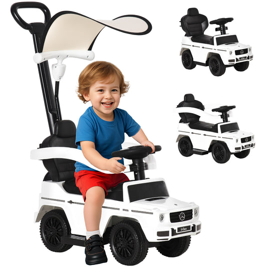 White kids ride-on car with push handle, sunshade and guardrail, shown with child and alternate seat setups.