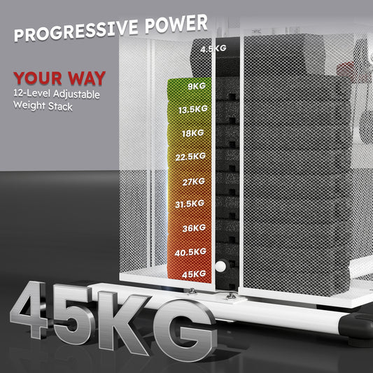 Home multi gym weight stack with selectable plates up to 45 kg
