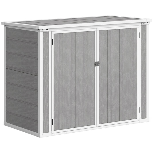 Photo of Outsunny 4.7 x 2.5FT Garden Shed, Double Bin Storage Shed with Lockable Doors, Outdoor Small Shed with Openable Lid for 2 Rubbish Bins, Garden Tools, Grey in Grey colour on a white background